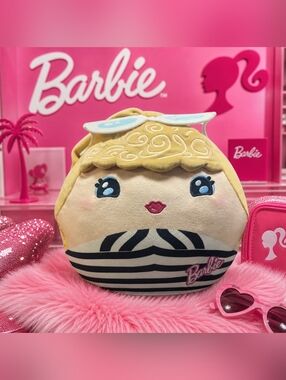 Barbie Pink Logo Black and White Striped Plush Accent Pillow